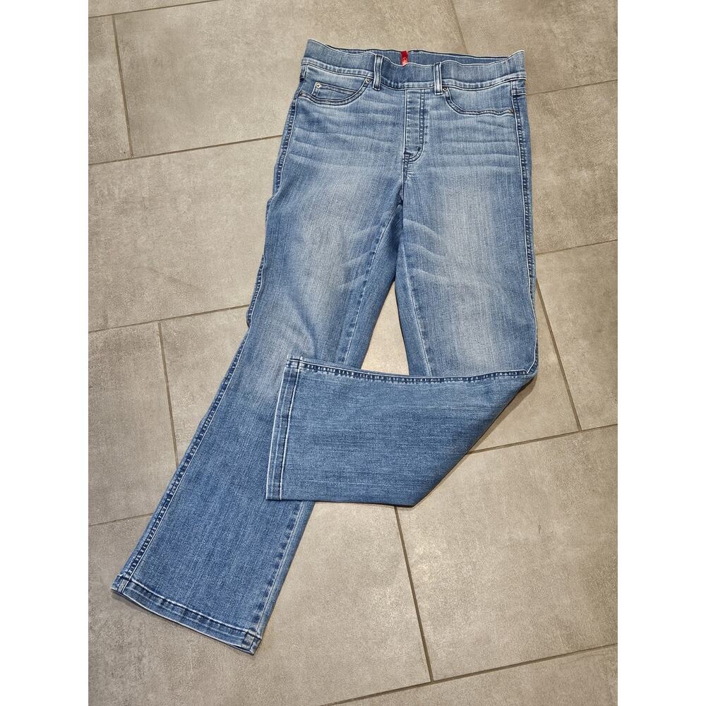 Spanx Flare Jeans Womens Sz Medium Tall Blue Denim Cotton Stretch Mid Rise 30x29
